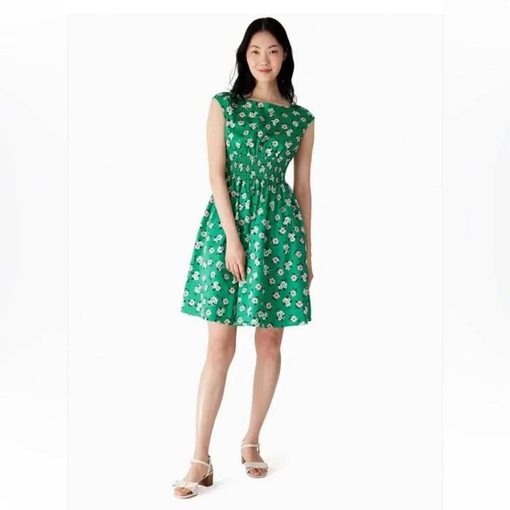 Kate Spade Green Floral Smocked Waist Mini Dress Sleeveless Pockets Small
